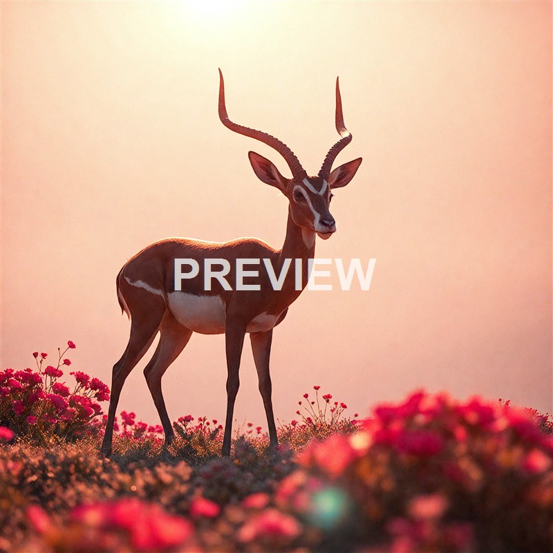 A lone gazelle stands among pink and red flowers against a soft, warm sky at sunset.